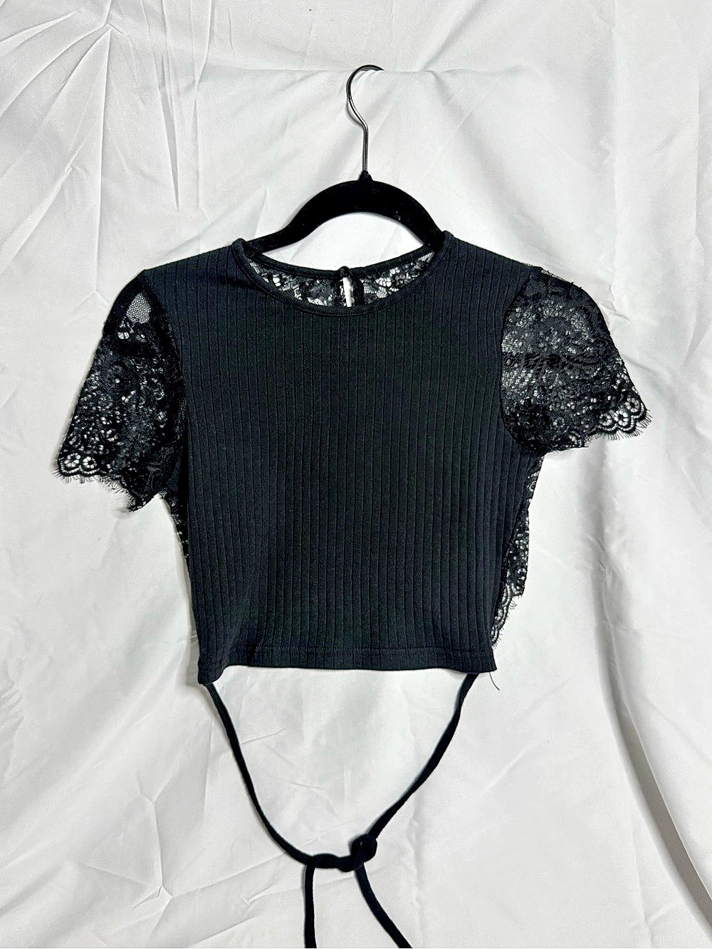 Tied Backless Rib Knit Crop Top Black